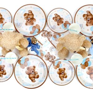 Teddy Bear Baby Shower Decorations Plates Set for 25,Boho Paper Plates Cups Napkins Straws for Boy Brown Blue Disposable Tableware Birthday Party Supplies