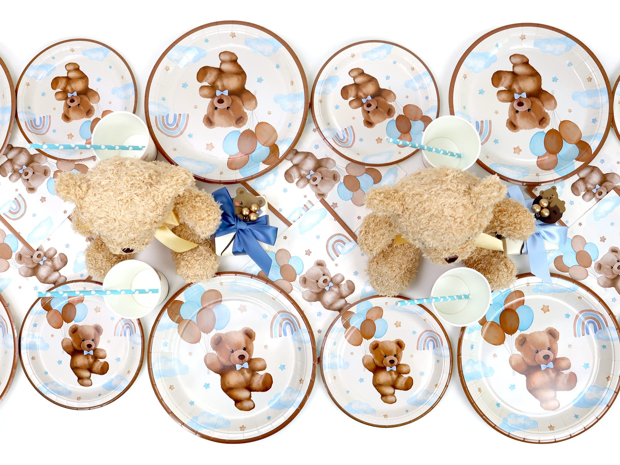 Teddy Bear Baby Shower Decorations Plates Set for 25,Boho Paper Plates Cups Napkins Straws for Boy Brown Blue Disposable Tableware Birthday Party Supplies