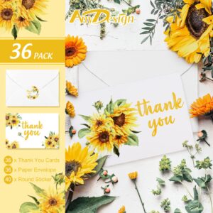 AnyDesign Sunflower Thank You Cards Bulk 36 Pack Thank You Notes with Matching Seal Stickers White Envelopes Watercolor Summer Floral Greeting Cards for Wedding Baby Shower Bridal Birthday Party