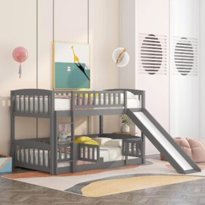 twin over twin bunk bed with fence door,slide and ladder - bunk bed for family, kids, teens,no box spring needed