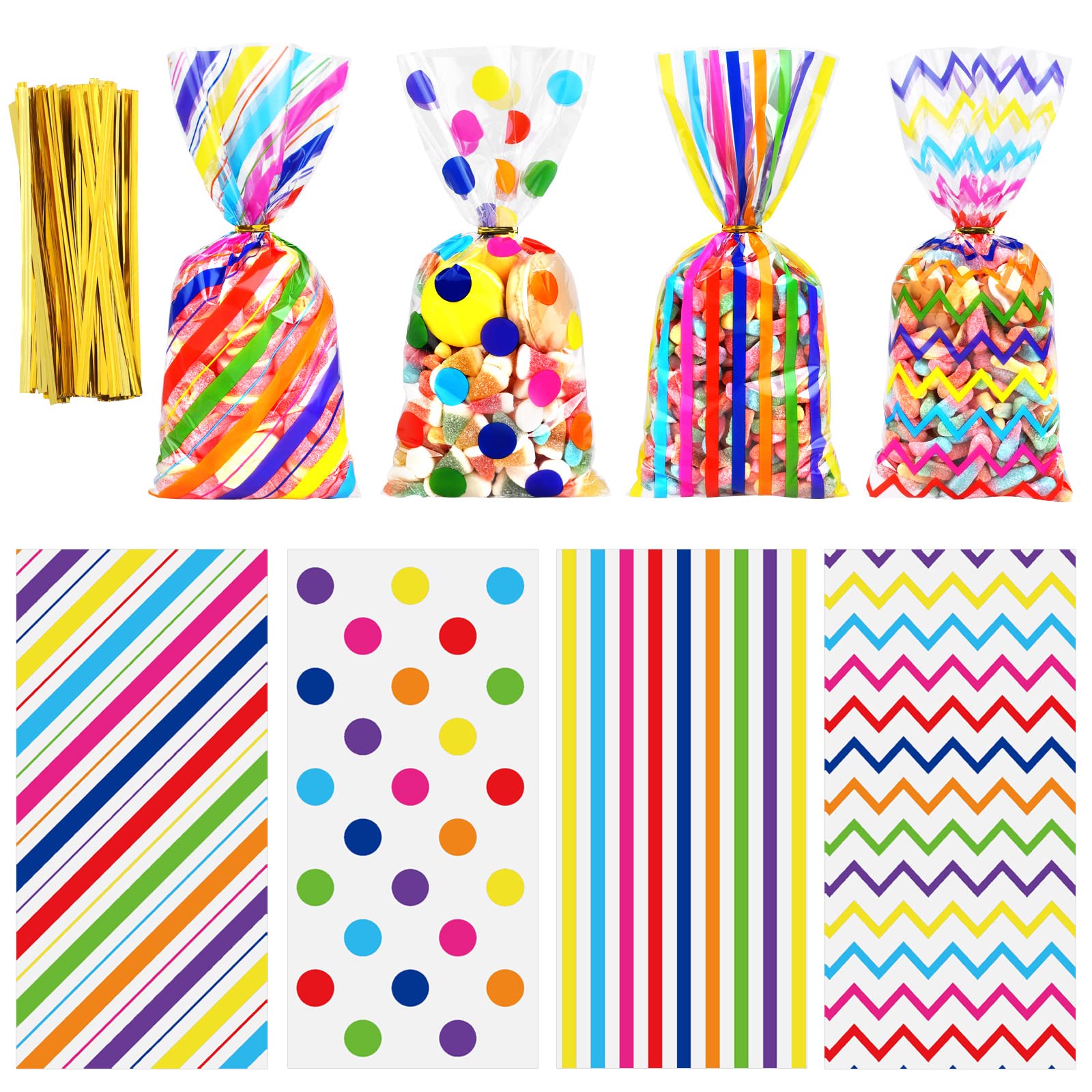 Aneco 100 Pack Rainbow Cellophane Bags Plastic Candy Bags Gift Bags Goodie Bags with Twist Ties for Valentine, Birthday, Gift Cookie Snack Packing Party Favor Supplies