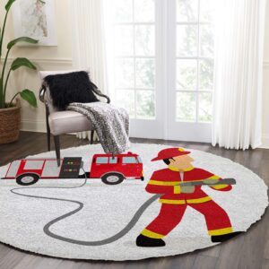 Shag Area Rug, 4ft Indoor Round Area Rugs- Fire Truck and Firefighters Shaggy Carpet Nursery Rug for Kids Baby Bedroom Living Room Home Decor