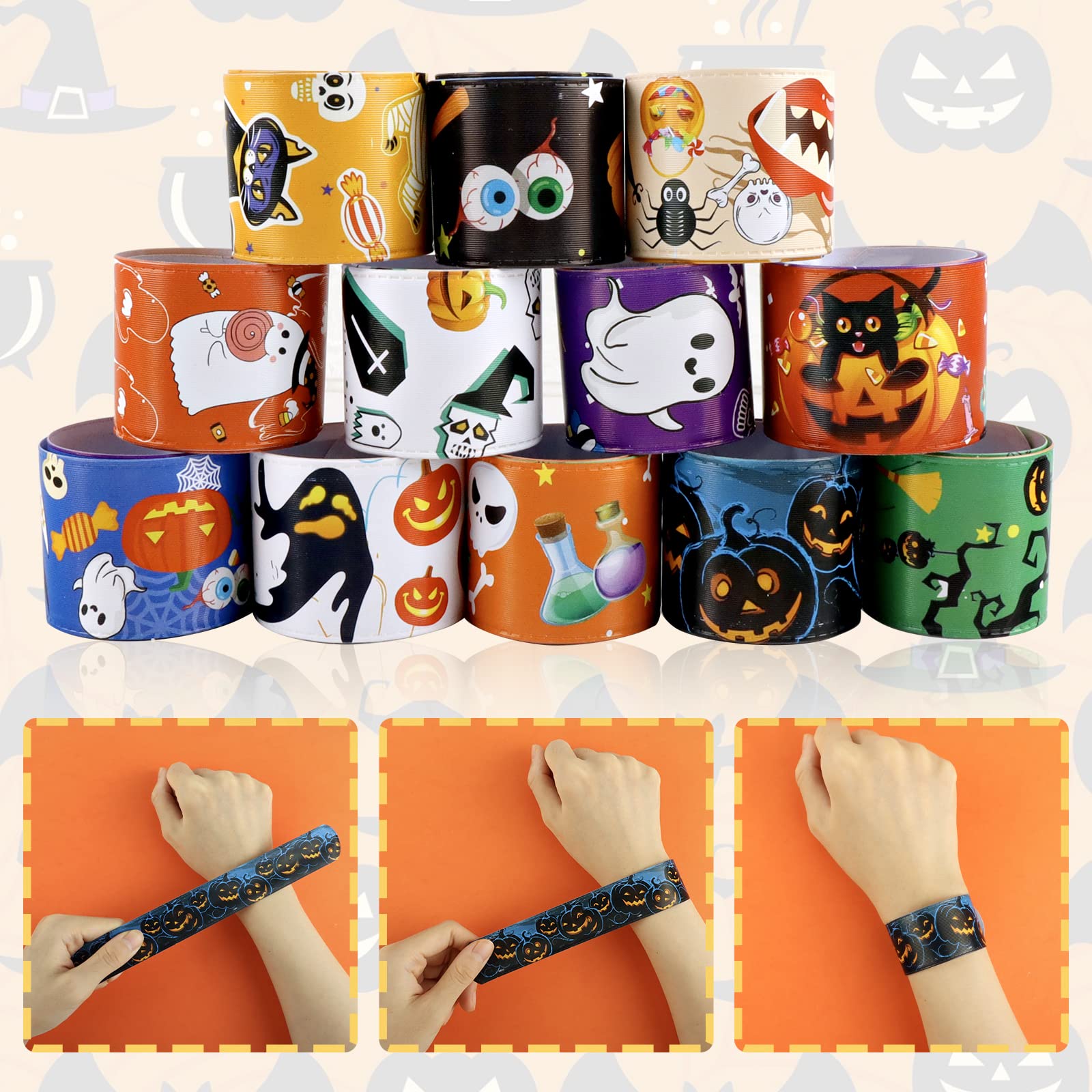 JDSTY 48 PCS Halloween Slap Bracelets Halloween Toys for Kids Girls Boys Halloween Party Favors Halloween Treat Bags Gifts…