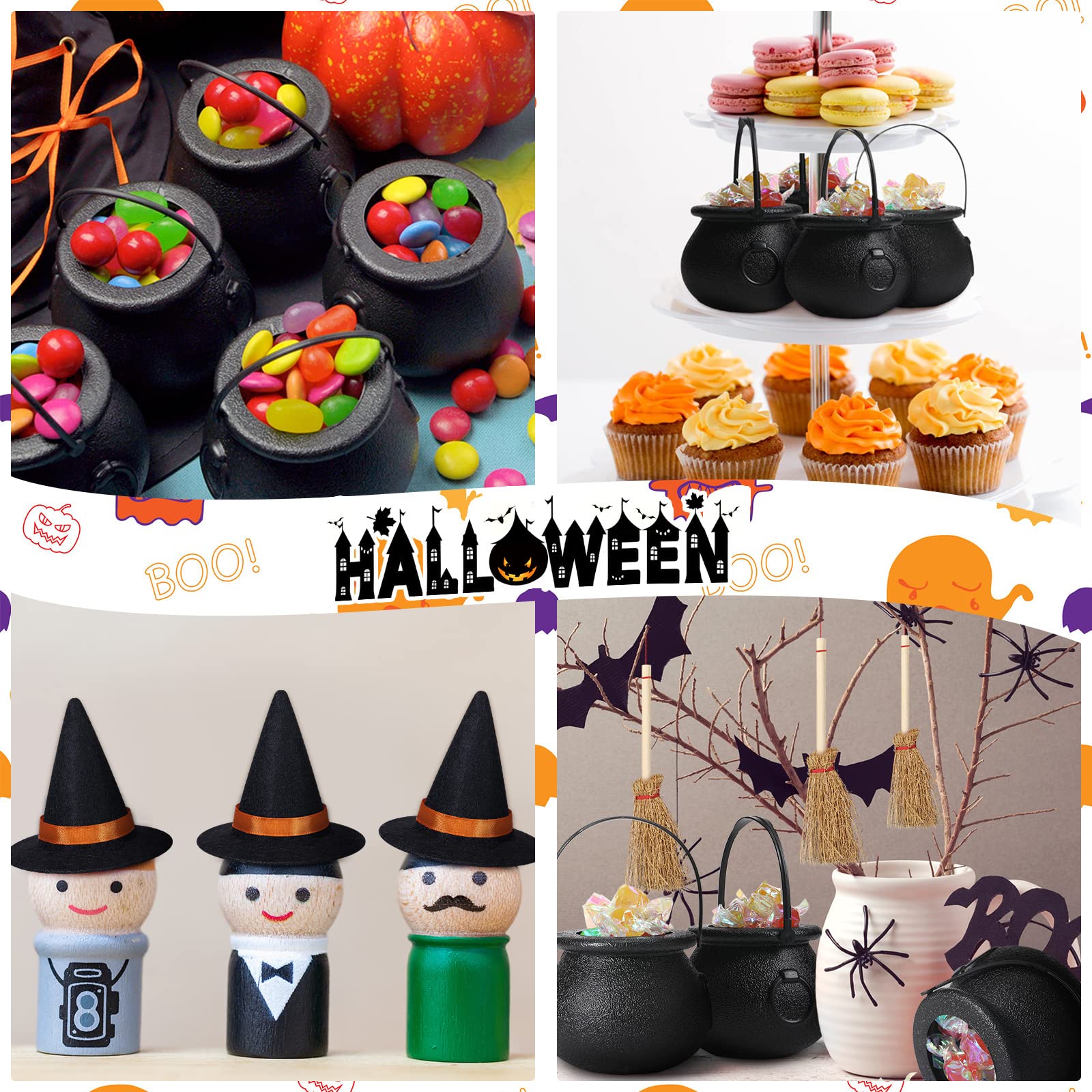 12 Pcs Halloween Mini Witch Hats Candy Cauldron Mini Broom Witch Craft Miniatures Wizard Accessory for Halloween Decorations(Vivid Style)