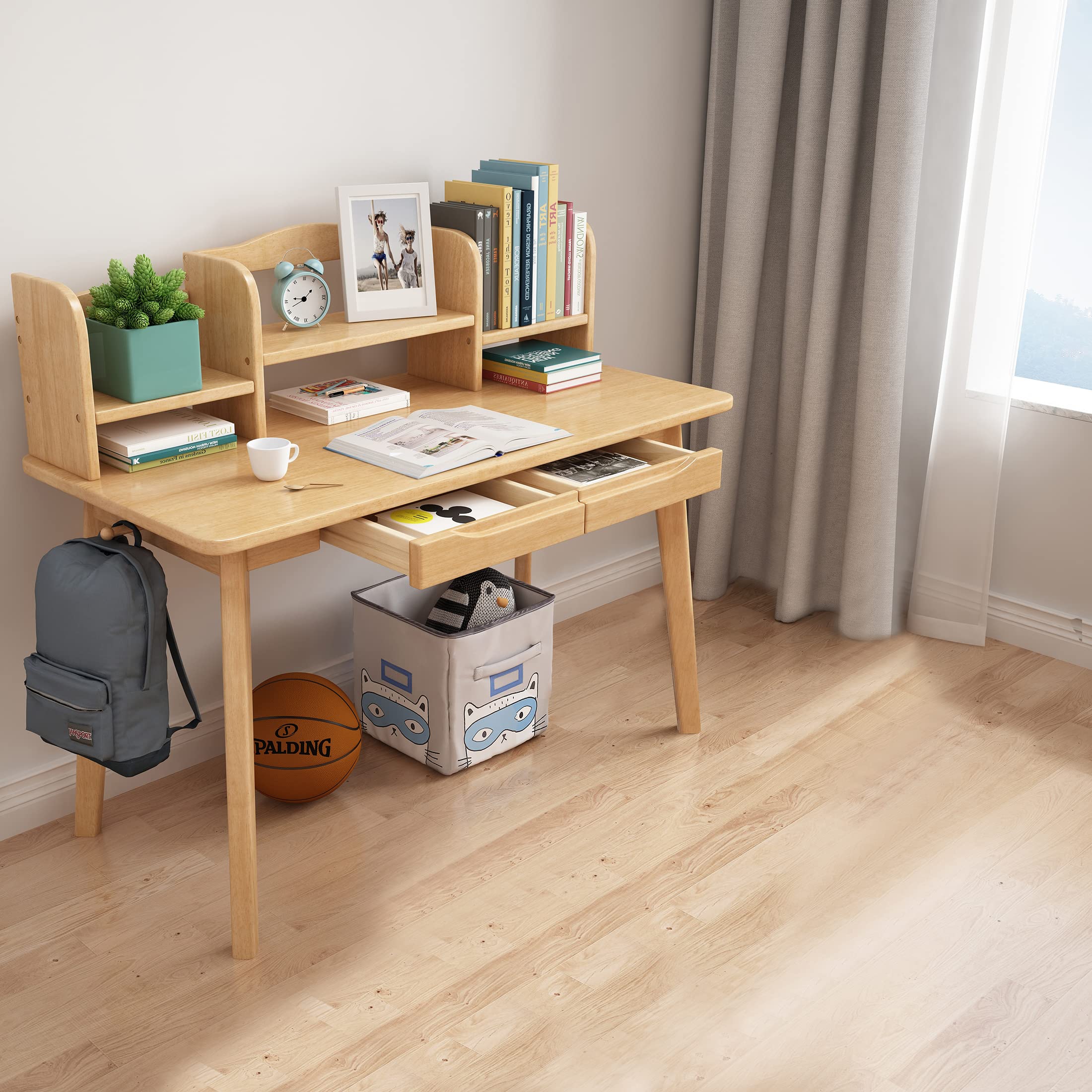 BALANBO Kid's Desk Kid's Table with Drawers and Bookshelf Wooden Kid's Media Desk Student Learning Computer Workstation and Writing Desk (Natural Color