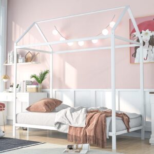 AOCOROE Twin Size House Bed Frame Floor Height Platform Bed for Boys and Girls. Metal Twin Bed House Shaped Canopy Bed Frame with Slats