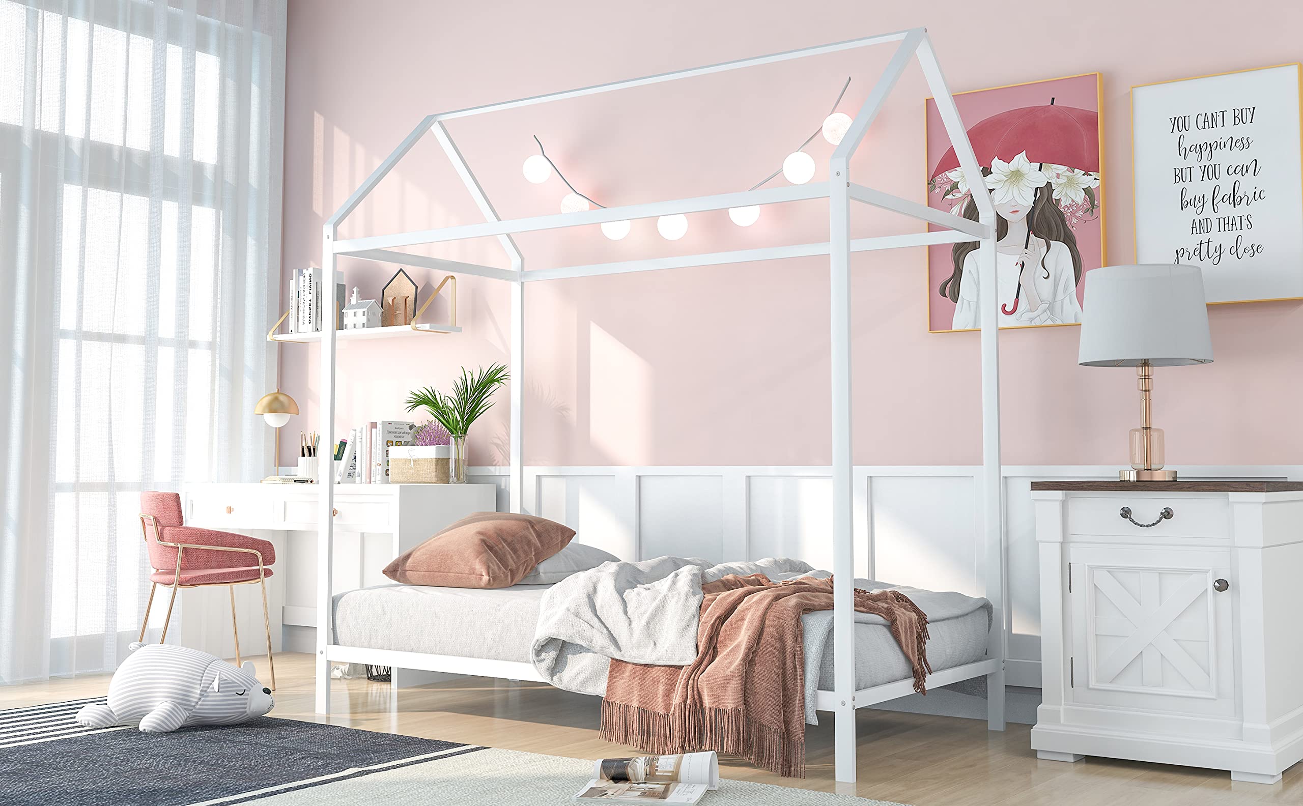 AOCOROE Twin Size House Bed Frame Floor Height Platform Bed for Boys and Girls. Metal Twin Bed House Shaped Canopy Bed Frame with Slats