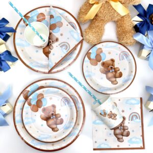 Teddy Bear Baby Shower Decorations Plates Set for 25,Boho Paper Plates Cups Napkins Straws for Boy Brown Blue Disposable Tableware Birthday Party Supplies