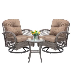 homefun outdoor swivel rocker patio chairs, 3 pieces patio bistro set wicker furniture set 360 degree swivel chairs with cushions and coffee table