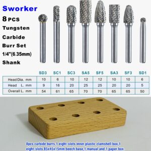 Sworker 8 Pcs 1/4 Carbide Burr Set 1/4 Shank Die Grinder Bits Drill Bits Grinding Bits for Metal Rotary Tool Attachment Accessories Rasp Weld Wood Stone Deburring Compatible with Milwaukee Dewalt