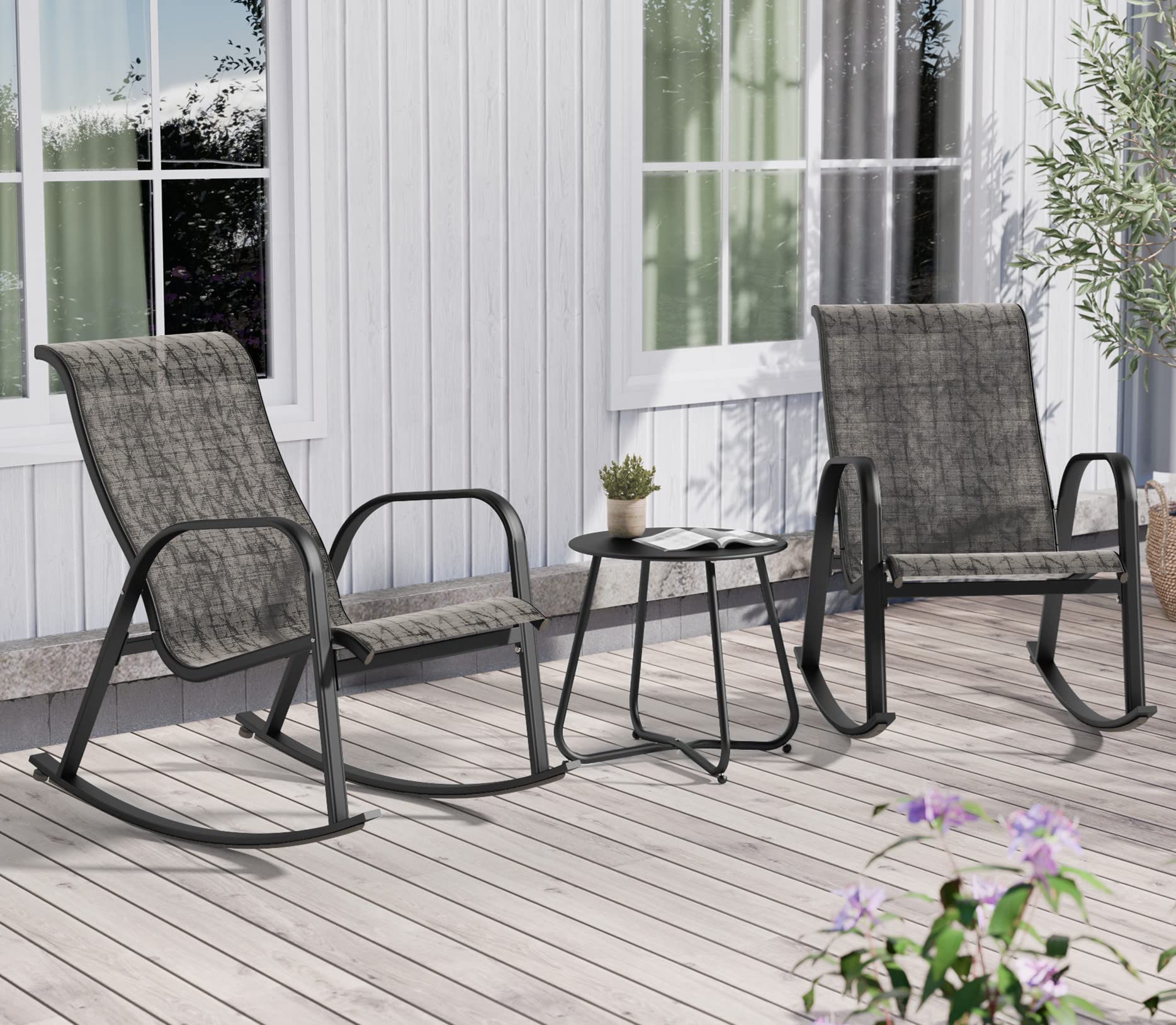 Grand patio 3-Piece Outdoor Bistro Rocking Chair Set Rocker Seating Outside for Front Porch Garden Patio Backyard (Black & Grey Plaid)