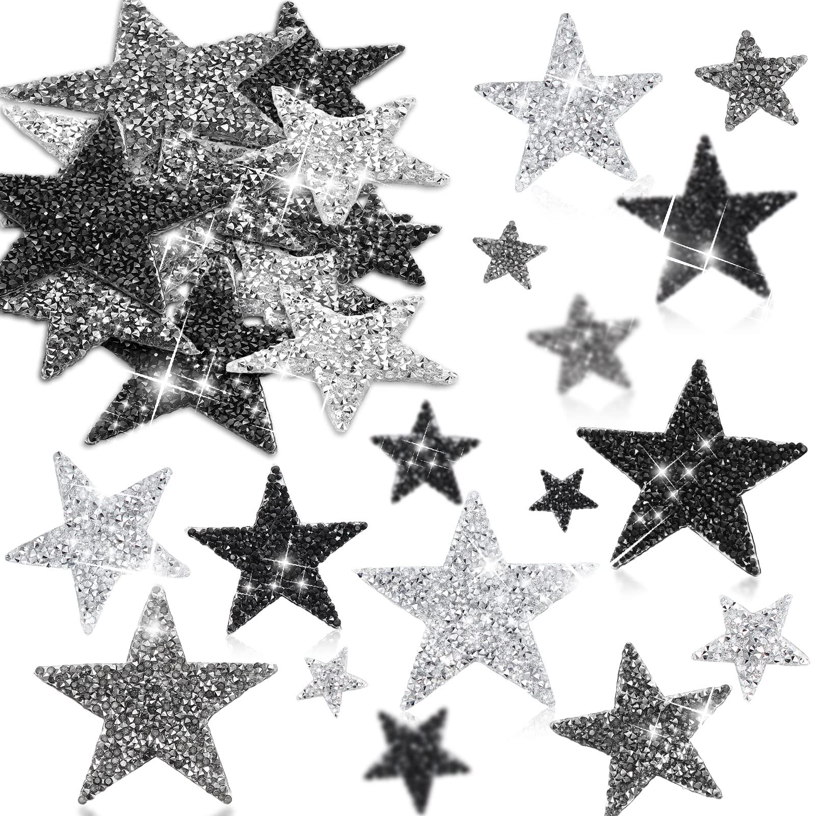 Geosar 60 Pcs Iron on Star Patches Star Shape Rhinestone Appliques Adhesive Glitter Star Patches Rhinestone Appliques Embellishments Patches for DIY (Black, Gray,Mixed Size)