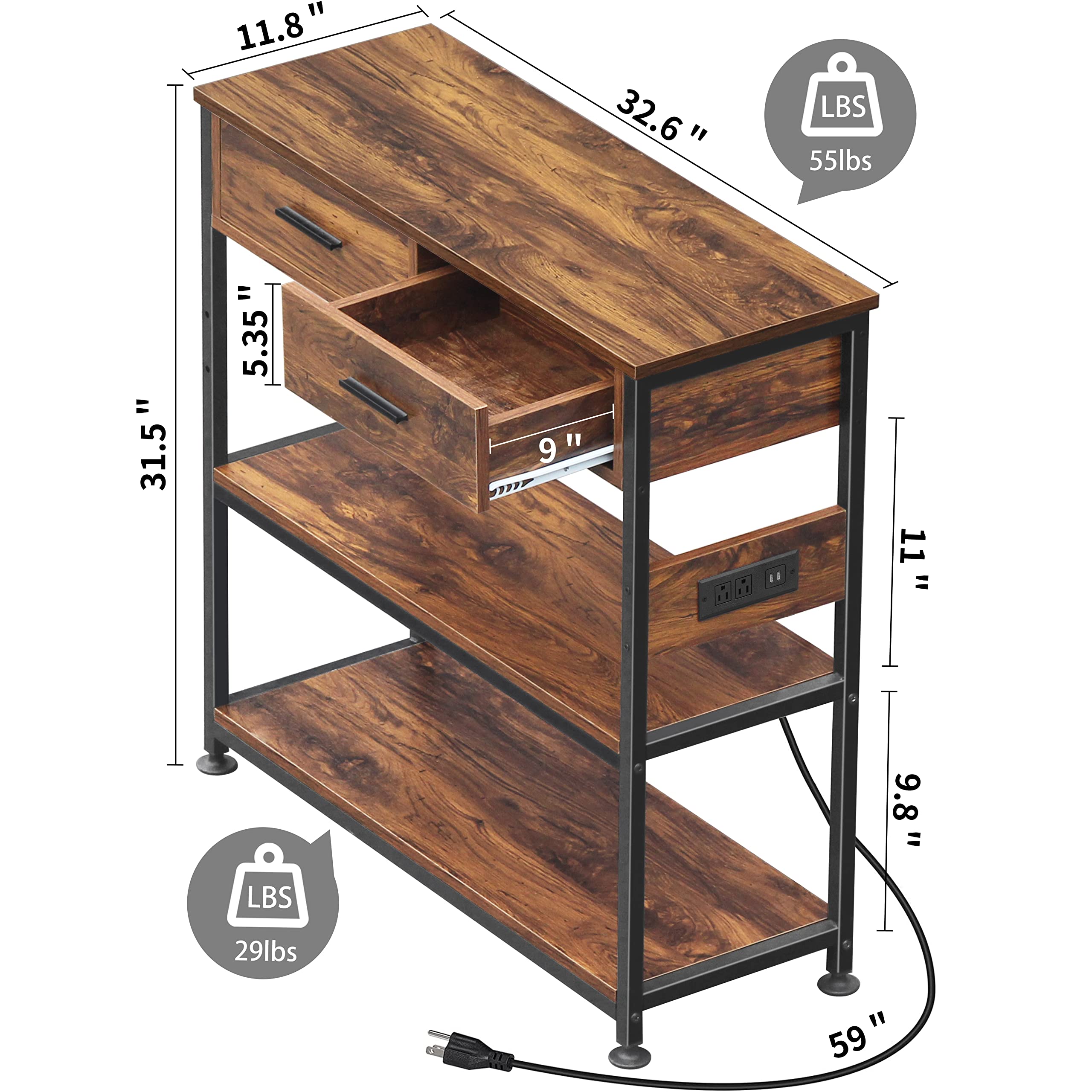 DANSION Console Table with 2 Drawers, Entryway Table with Outlets and USB Ports, Industrial 3 Tier Sofa Table Narrow Long with Storage Shelves for Living Room, 32 Inch