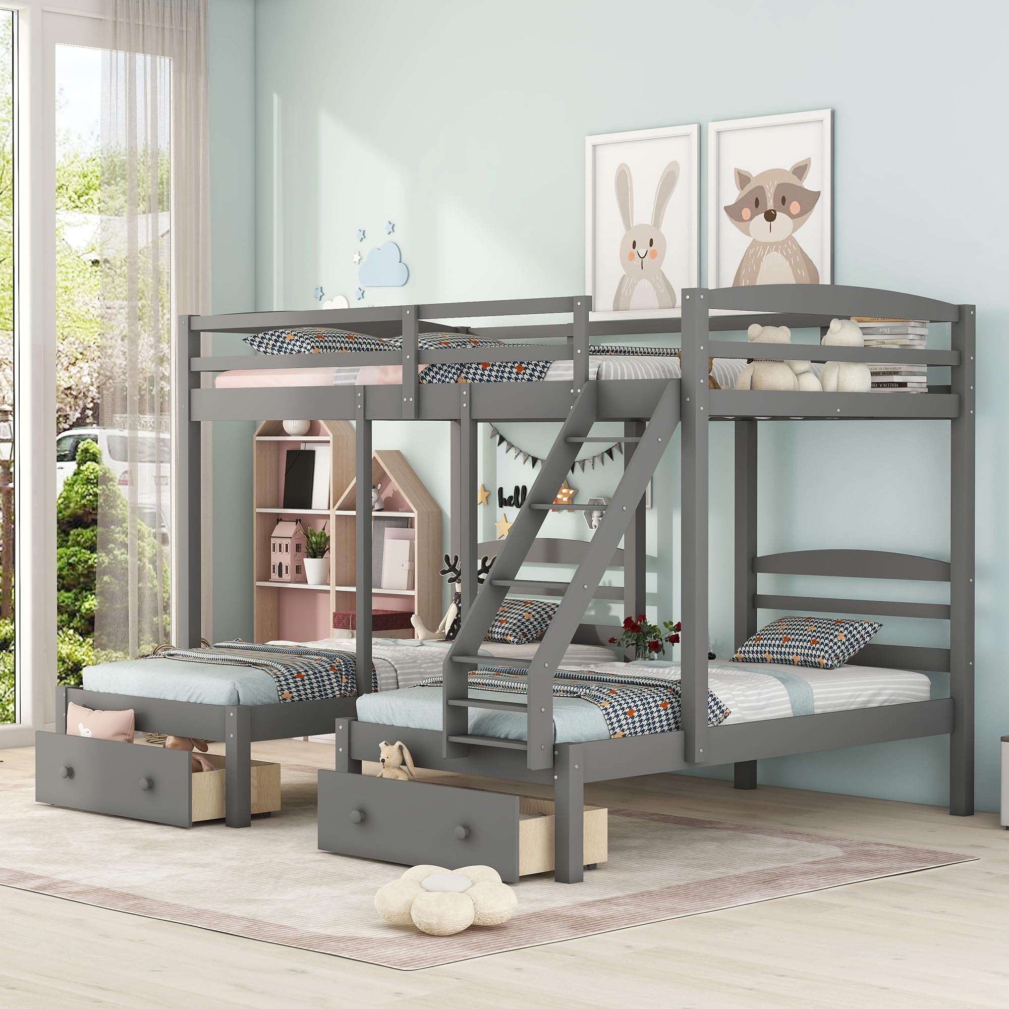 Harper & Bright Designs Triple Bunk Beds with Drawers and Guardrails,Full Over Twin & Twin Bunk Bed with Storage, Wooden Triple Bunk for Kids, Teens,Girls Boys (Gray with Drawers)