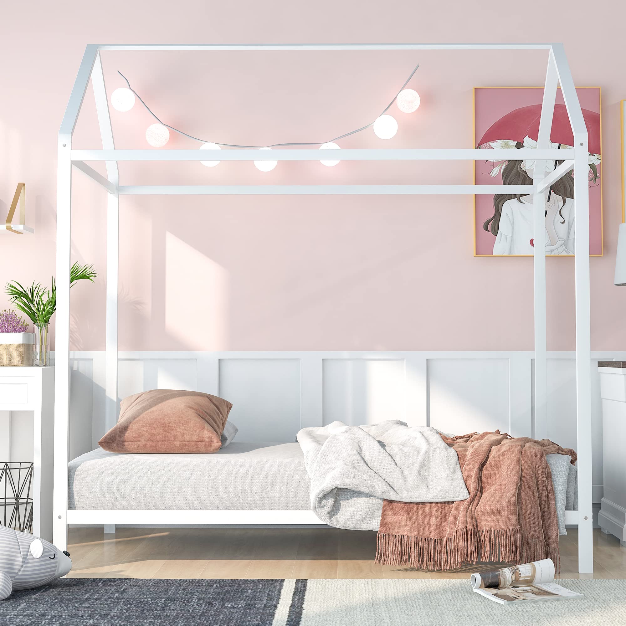 AOCOROE Twin Size House Bed Frame Floor Height Platform Bed for Boys and Girls. Metal Twin Bed House Shaped Canopy Bed Frame with Slats