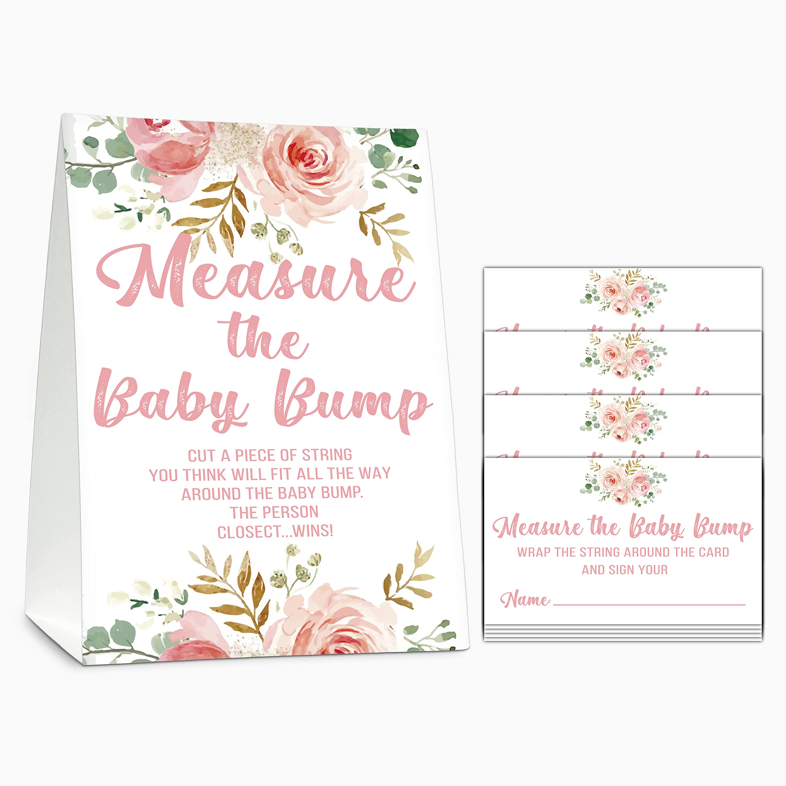 Baby Shower Game Set, Measure The Baby Bump(1 Standing Sign + 50 Guessing Cards), Floral How Big is Mommy's Belly Party Game, Blush Pink Baby Shower/Gender Reveal Party Favor Decor(A02)