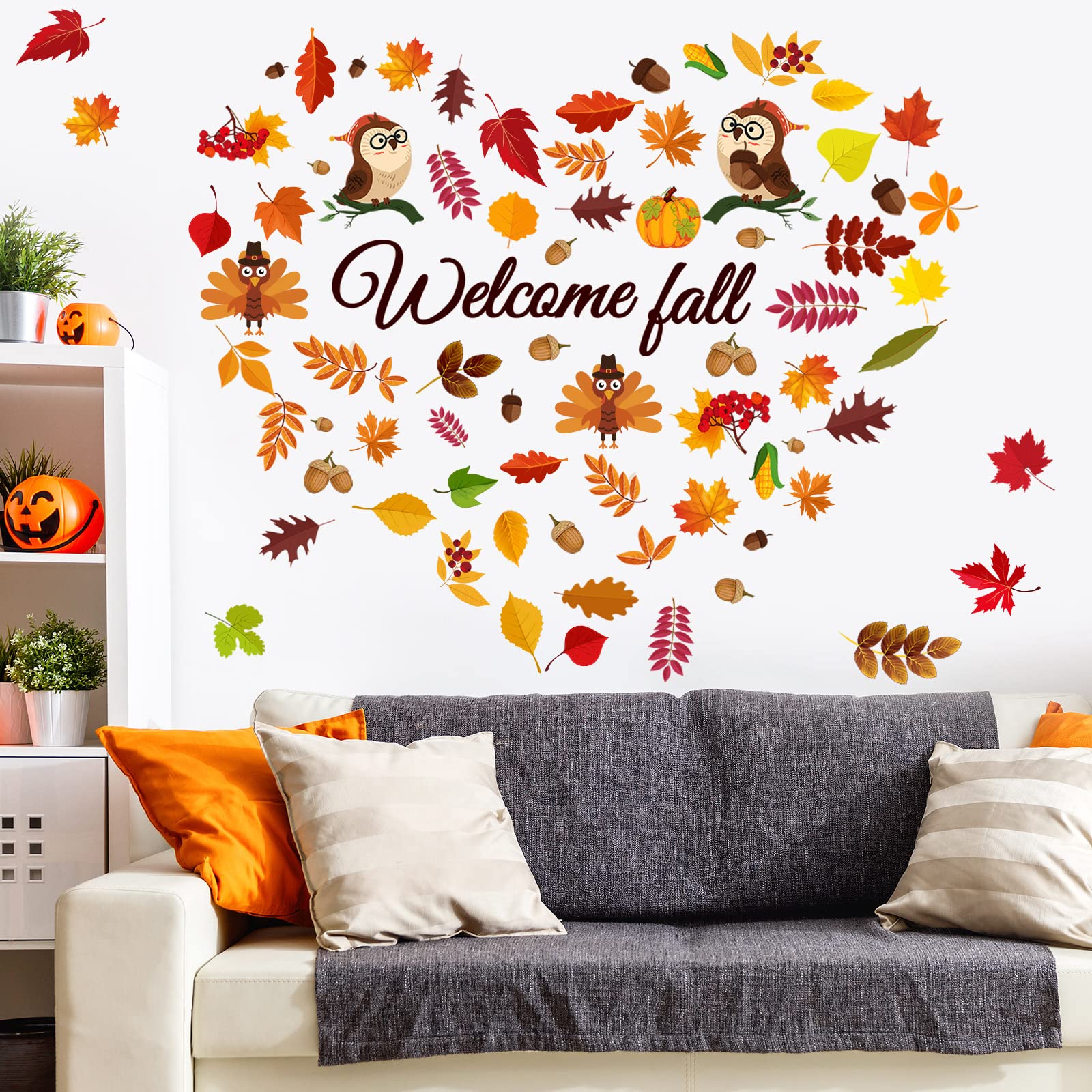 87 Pcs Fall Thanksgiving Wall Decals Maple Leaves Acorns Wall Sticker Autumn Party Supplies Thanksgiving Wall Stickers for Home Office Living Room Classroom Holiday Harvest Wall Decor (Maple Leaf)