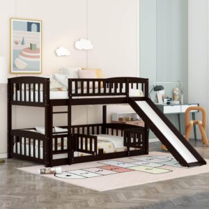 Harper & Bright Designs Low Bunk Beds Twin Over Twin, Kids Bunk Bed with Slide, Fence and Ladder, Wood Toddler Bunk Beds for Girls Boys, Espresso