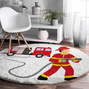 shag area rug, 4ft indoor round area rugs- fire truck and firefighters shaggy carpet nursery rug for kids baby bedroom living room home decor