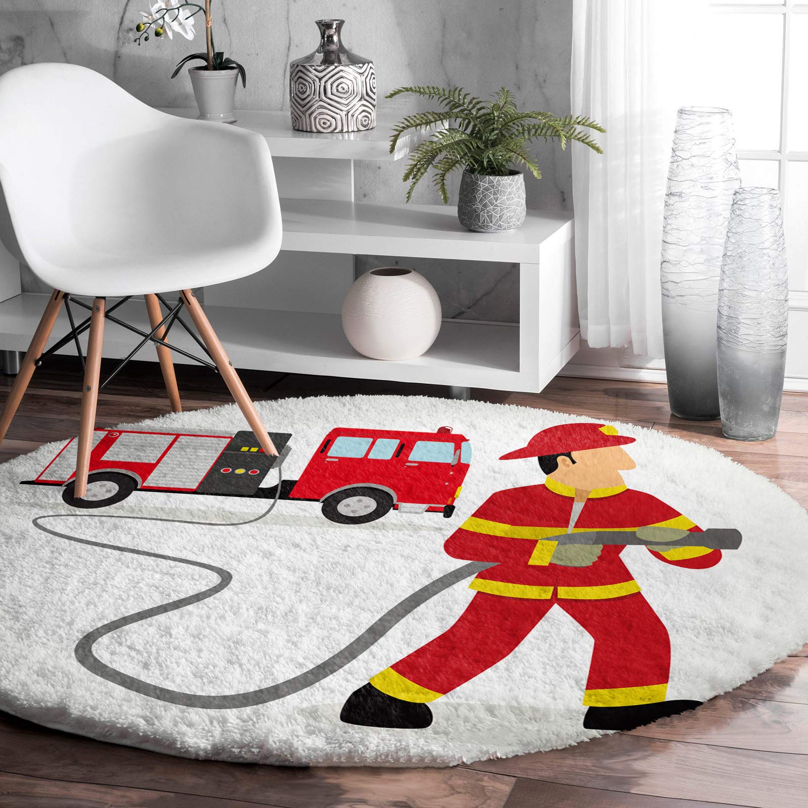 Shag Area Rug, 4ft Indoor Round Area Rugs- Fire Truck and Firefighters Shaggy Carpet Nursery Rug for Kids Baby Bedroom Living Room Home Decor