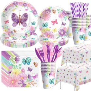 xigejob butterfly party decorations tableware - butterfly birthday party supplies include plate, cup, napkin, tablecloth, cutlery, straws, butterfly baby shower birthday party decorations | serve 24