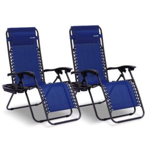 serenelife zero gravity chairs set of 2 - adjustable steel mesh lawn chairs - outdoor lounge chairs with detachable cup holder tray - foldable outdoor chair with removable pillows - navy blue