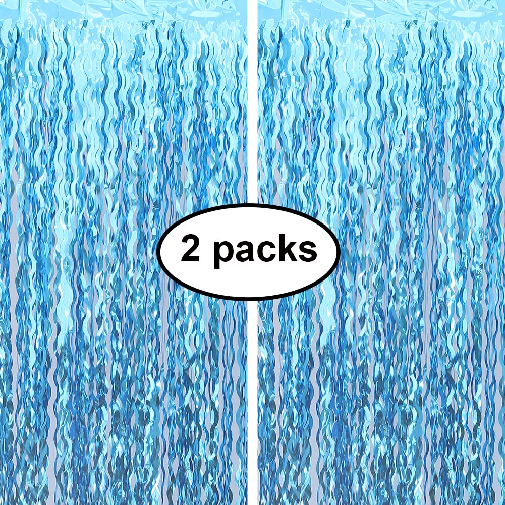 Wavy Tinsel Foil Fringe Curtain Photo Booth Props for Mermaid Birthday Under The Sea Party Decorations (2 Pack 3.2 ft X 6.6 ft Teal Blue)