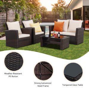 Solaste 4 Piece Patio Outdoor Furniture Sets,Patio Conversation Sofa Wicker Chair with Cushion,Hand Woven Rattan Sofa for Porch Backyard Outside Garden Lawn Yard,Brown