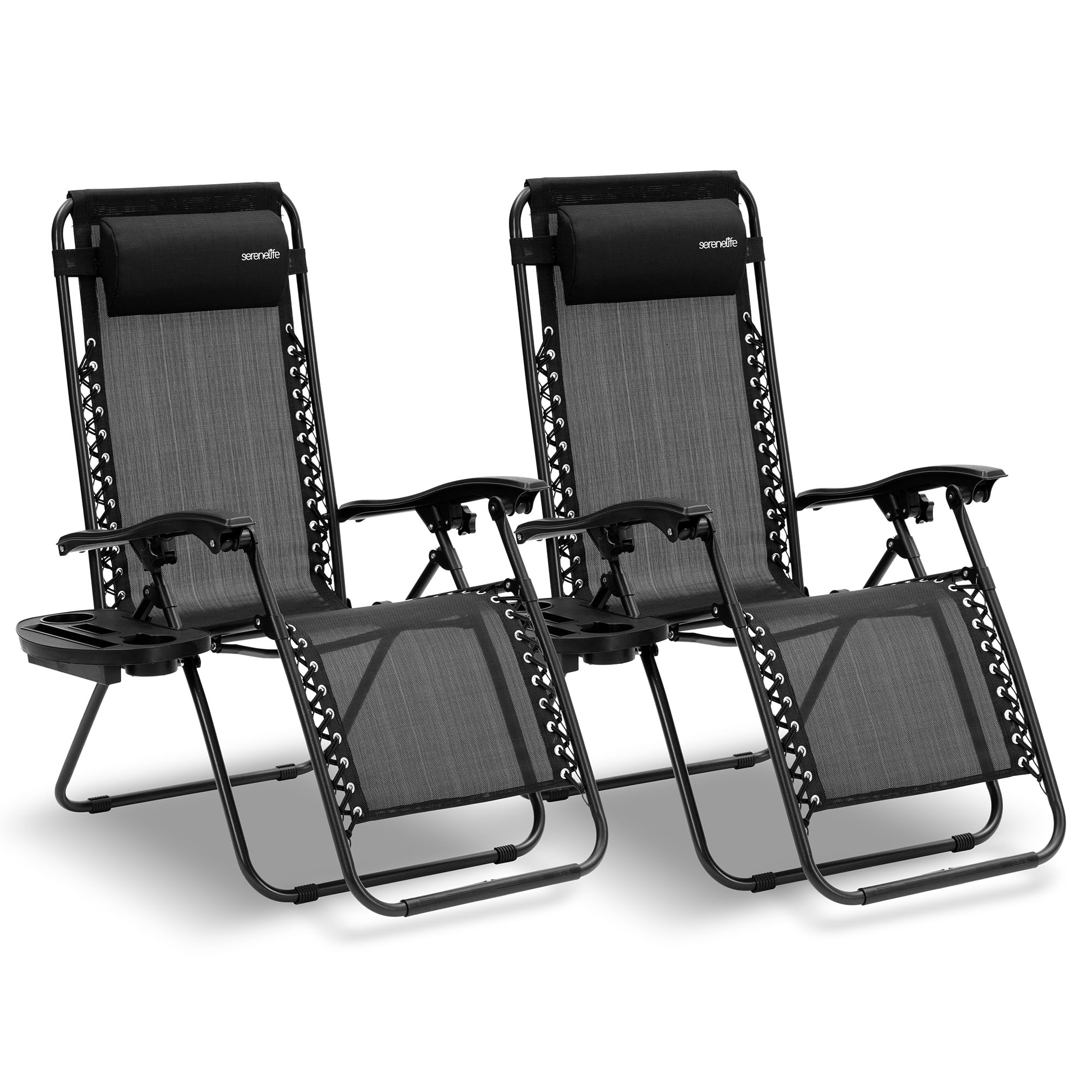 SereneLife Zero Gravity Chairs Set of 2 - Adjustable Steel Mesh Lawn Chairs - Outdoor Lounge Chairs with Detachable Cup Holder Tray - Foldable Outdoor Chair with Removable Pillows - Black