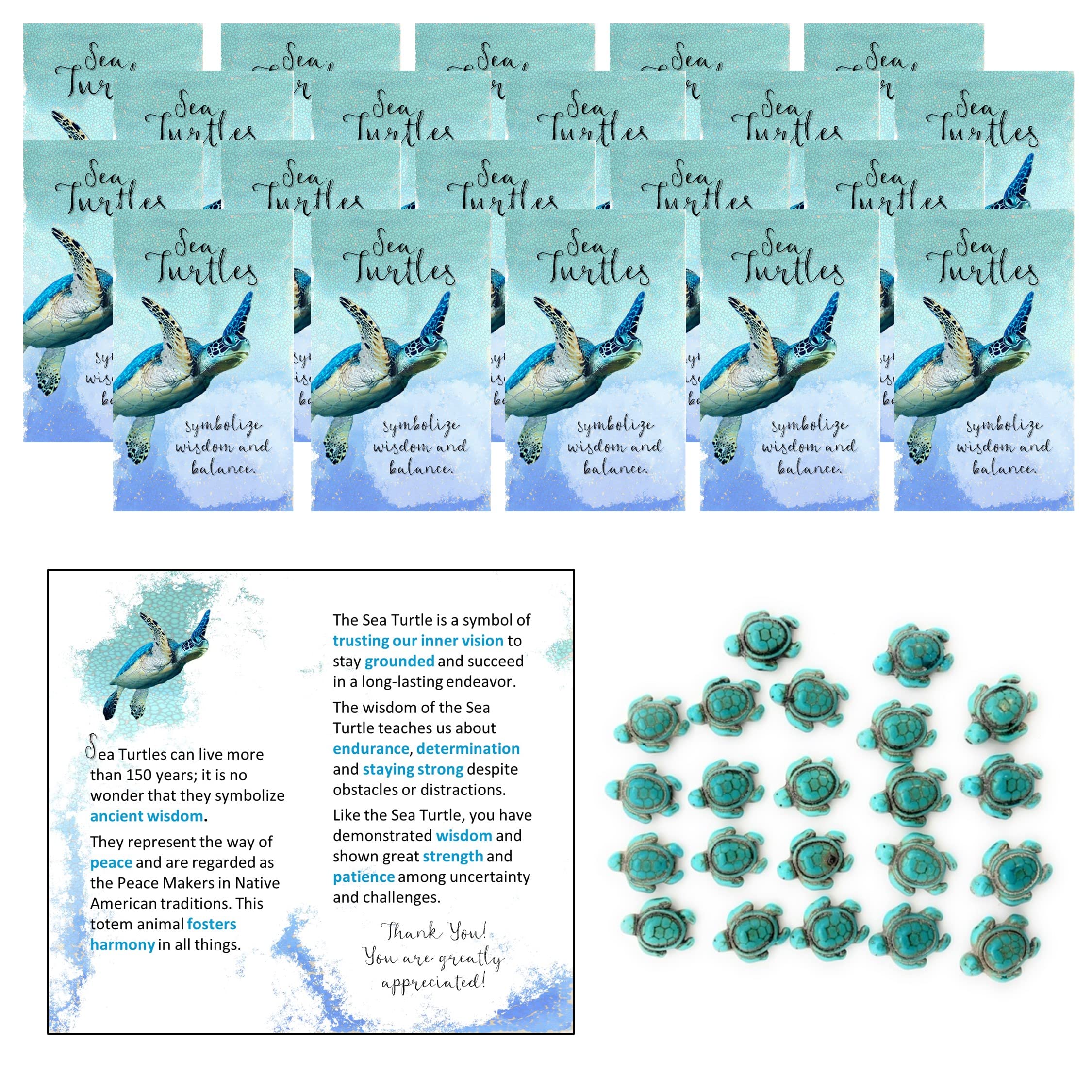 Smiling Wisdom - 20 Bulk Gift Sets - Employee Mini Appreciation Greeting Cards and Keepsake Gift Sets - 60 Pcs - Turquoise Sea Turtles