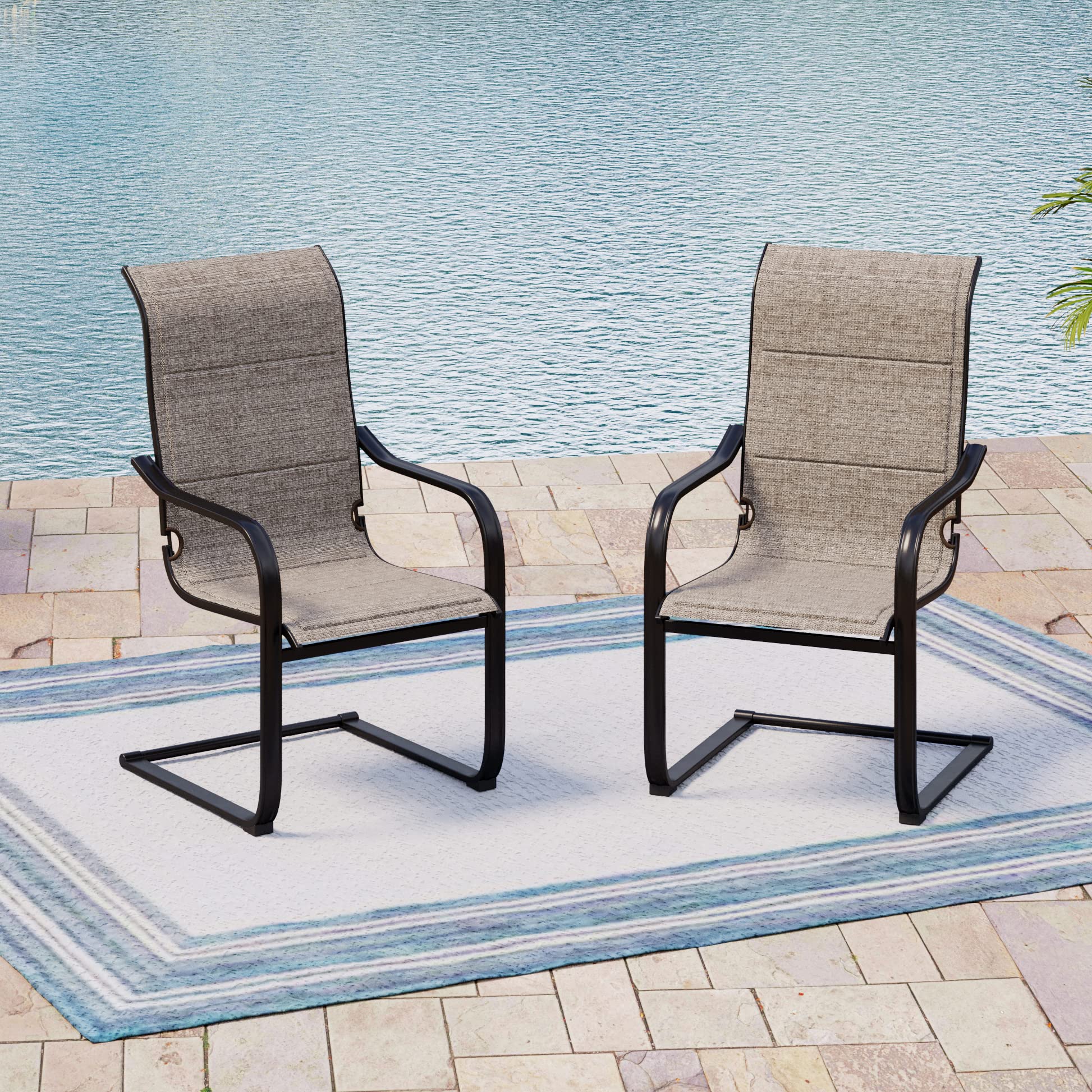 MIXPATIO Outdoor C-Spring Dining Chairs Set of 2, Patio Steel Padded Textilene Dining Chairs Support 300lbs for All Weather, Garden Outdoor Furniture for Porch, Balcony, Backyard, Deck