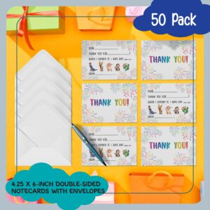 Better Office Products 50 Pack Kids Fill in the Blank Thank You Cards with Envelopes, for Boys and Girls, 4.25 x 6 Inch, Double Sided Design, Fun Characters to Circle