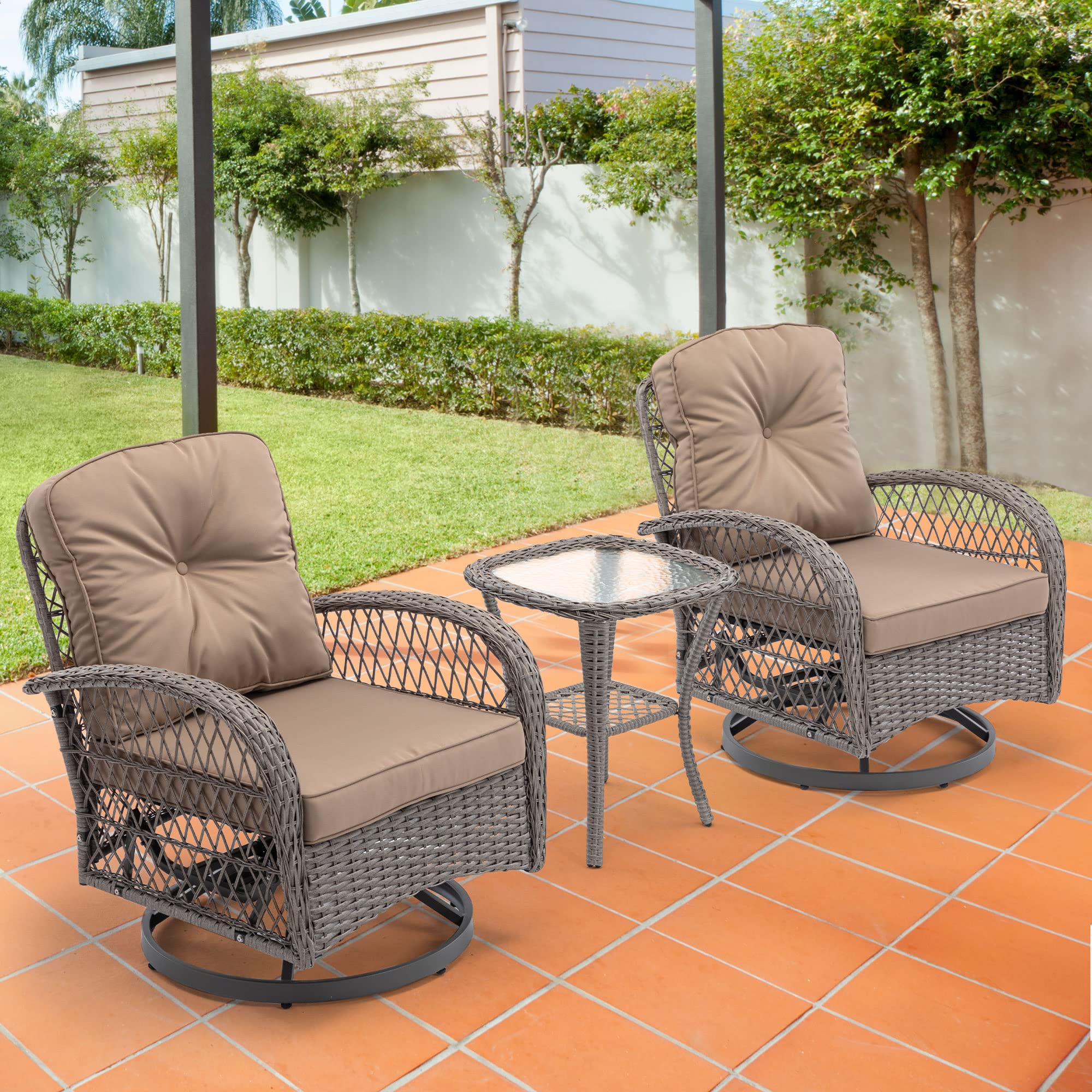 HOMEFUN Outdoor Swivel Rocker Patio Chairs, 3 Pieces Patio Bistro Set Wicker Furniture Set 360 Degree Swivel Chairs with Cushions and Coffee Table