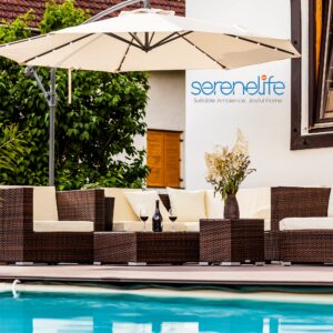 SereneLife 10ft Patio Table Umbrella, Tan, 6 Sturdy Ribs with Push Button Tilt, Easy Close Crank, Outdoor Furniture for Garden Lawn Deck Pool and Beach, Rust Resistant Pole, Weatherproof Fabric