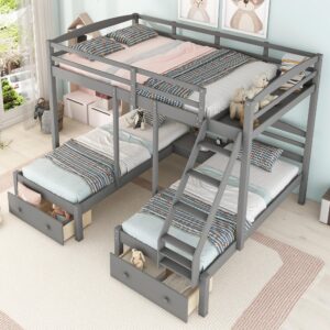 Harper & Bright Designs Triple Bunk Beds with Drawers and Guardrails,Full Over Twin & Twin Bunk Bed with Storage, Wooden Triple Bunk for Kids, Teens,Girls Boys (Gray with Drawers)