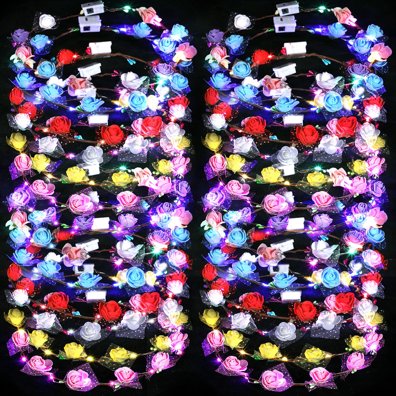 35 Pcs LED Flower Crowns Light up Flower Crown Bulk Headbands Headpieces Rose Hair Accessories for Woman Girls Kid Brides Birthday Wedding Mardi Gras Beach Party Favors Supplies, 7 Colors