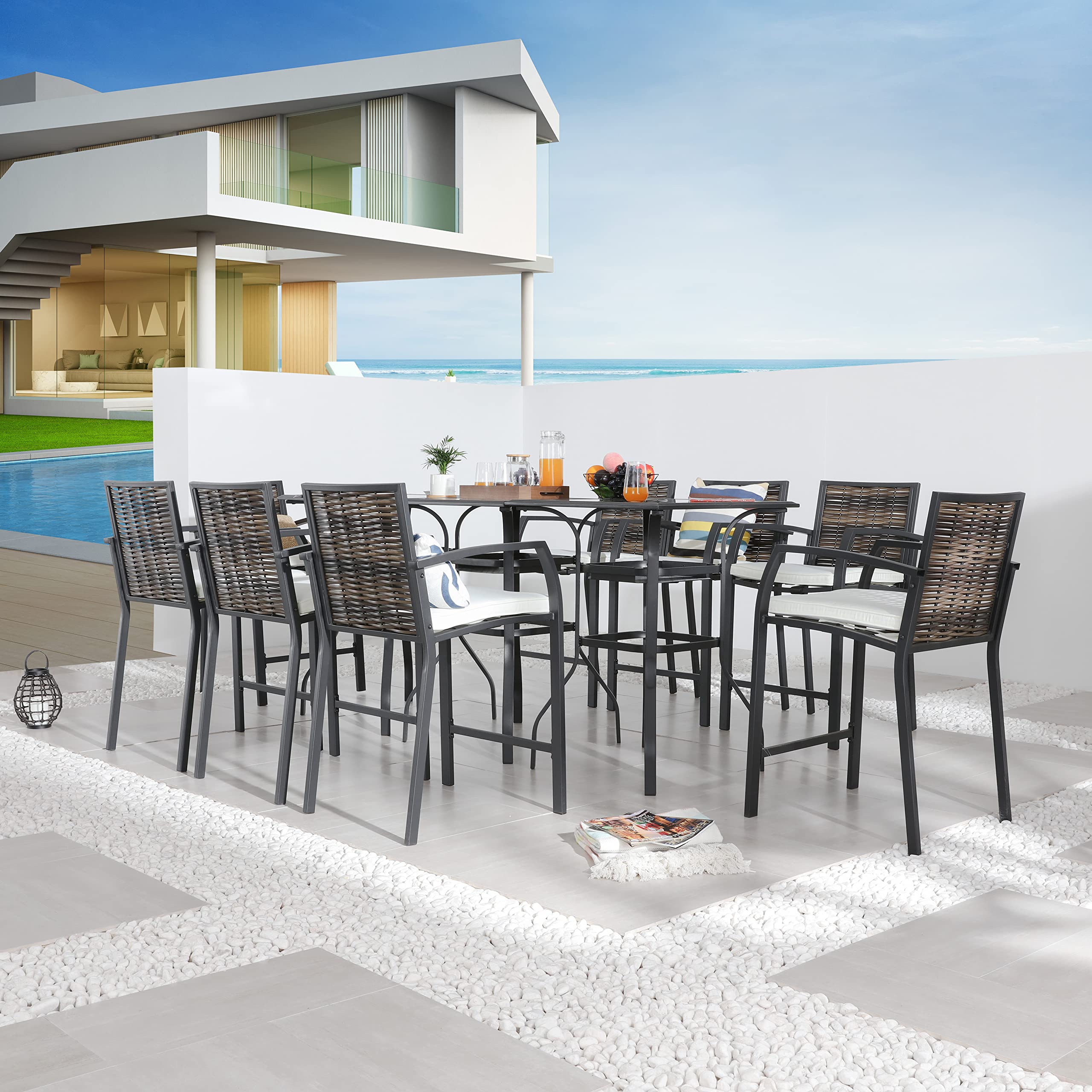 LOKATSE HOME Bar Stools Counter Height Chair Set of 8 Patio Furniture with Armrest for Garden Pool Lawn Backyard, Beige