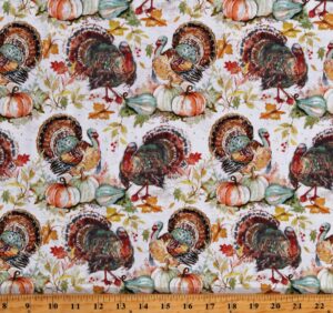 fields cotton turkeys and pumpkins thanksgiving autumn fall leaves cream cotton fabric print by the yard (77325-a620715) 44 inches