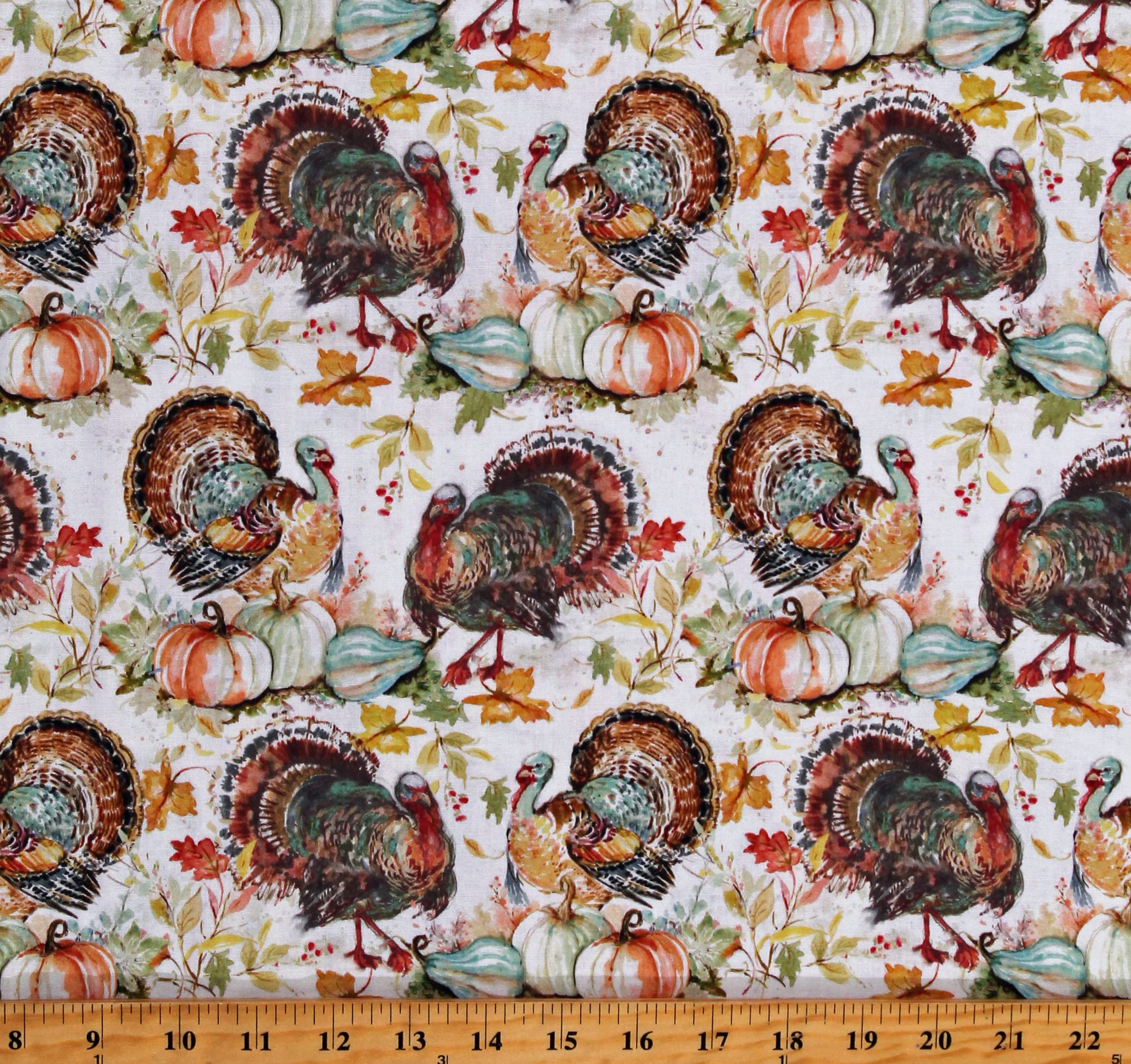 Fields Cotton Turkeys and Pumpkins Thanksgiving Autumn Fall Leaves Cream Cotton Fabric Print by The Yard (77325-A620715) 44 Inches