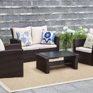 Solaste 4 Piece Patio Outdoor Furniture Sets,Patio Conversation Sofa Wicker Chair with Cushion,Hand Woven Rattan Sofa for Porch Backyard Outside Garden Lawn Yard,Brown