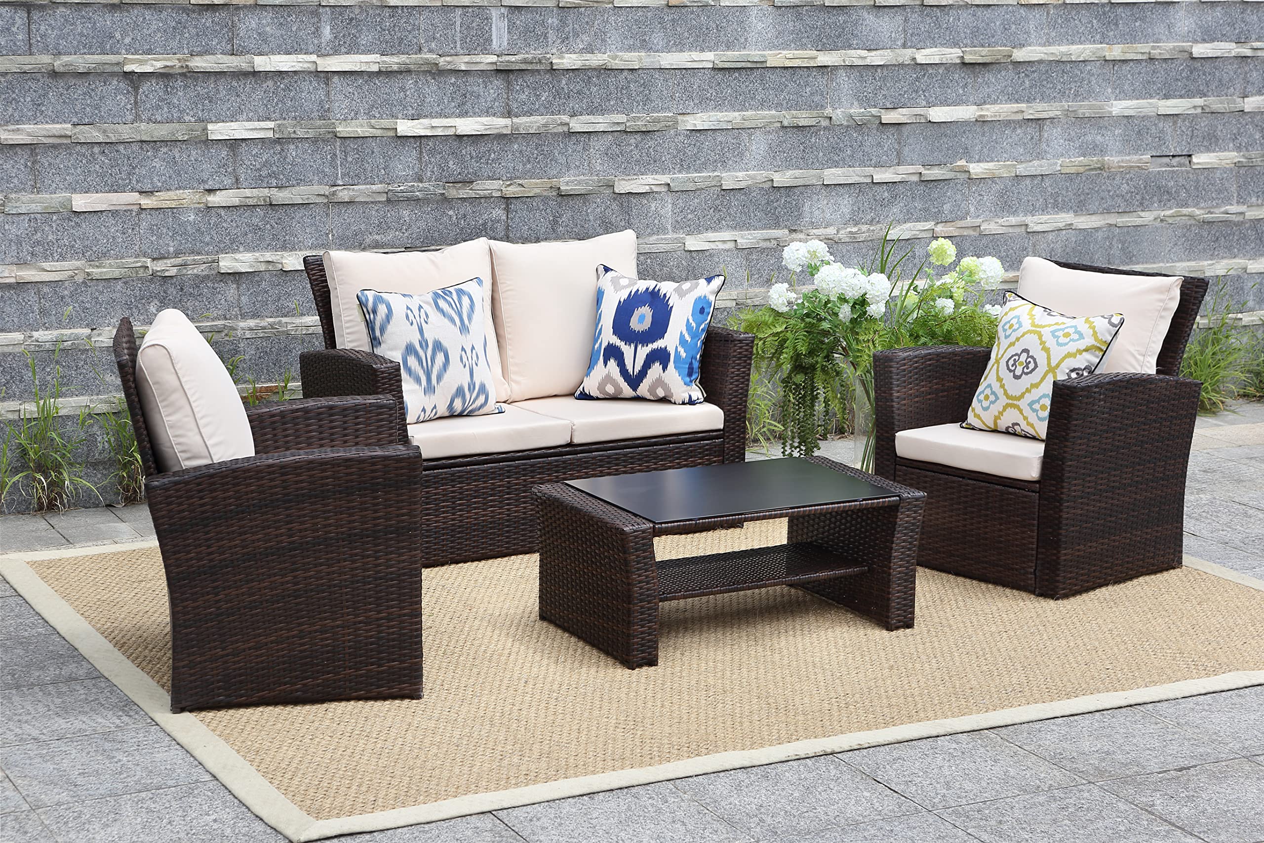 Solaste 4 Piece Patio Outdoor Furniture Sets,Patio Conversation Sofa Wicker Chair with Cushion,Hand Woven Rattan Sofa for Porch Backyard Outside Garden Lawn Yard,Brown