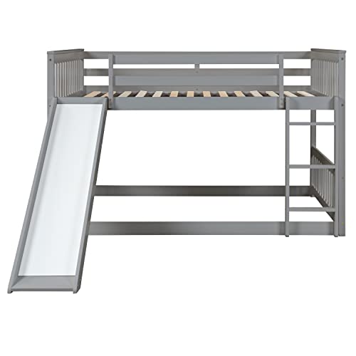 HomSof Solid Wood Full Over Full bunkbed with Slide，Full-Length Safety Guardrails,No Box Spring Needed,Grey