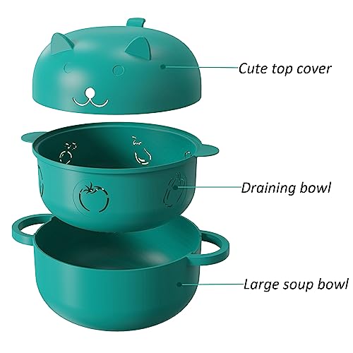 2000 ML / 68 OZ Microwave Ramen Bowl，Noodle Bowl, Steamer for Cooking Food and Vegetables with Handle, Lid, Removable Strainer. Multifunctional bowl for Cooking, Rinse, Storage (green)