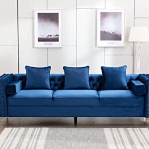 Legend Furniture Velvet Big Comfy Couch Living Room Square Arm Chesterfield 3seats Sofas, 104'', Blue