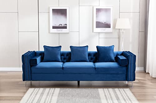 Legend Furniture Velvet Big Comfy Couch Living Room Square Arm Chesterfield 3seats Sofas, 104'', Blue