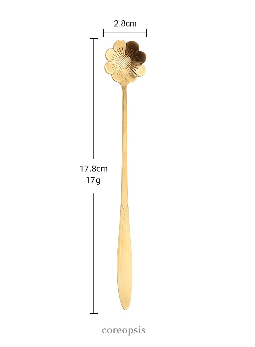 16 Pieces Flower Spoon Coffee Teaspoon 7 Inch Stainless Steel Long Handle Spoon Stir Bar Spoon Stirring Spoon Ice Cream Spoon Gold Cosmos Flower Shaped