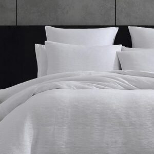 Vera Wang - King Duvet Cover Set, Luxury Cotton Bedding with Button Closure, Includes Matching Shams (Textured Pleats White, King)