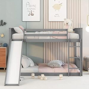 homsof solid wood full over full bunkbed with slide，full-length safety guardrails,no box spring needed,grey