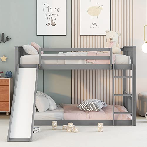 HomSof Solid Wood Full Over Full bunkbed with Slide，Full-Length Safety Guardrails,No Box Spring Needed,Grey