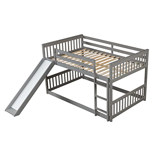 HomSof Solid Wood Full Over Full bunkbed with Slide，Full-Length Safety Guardrails,No Box Spring Needed,Grey